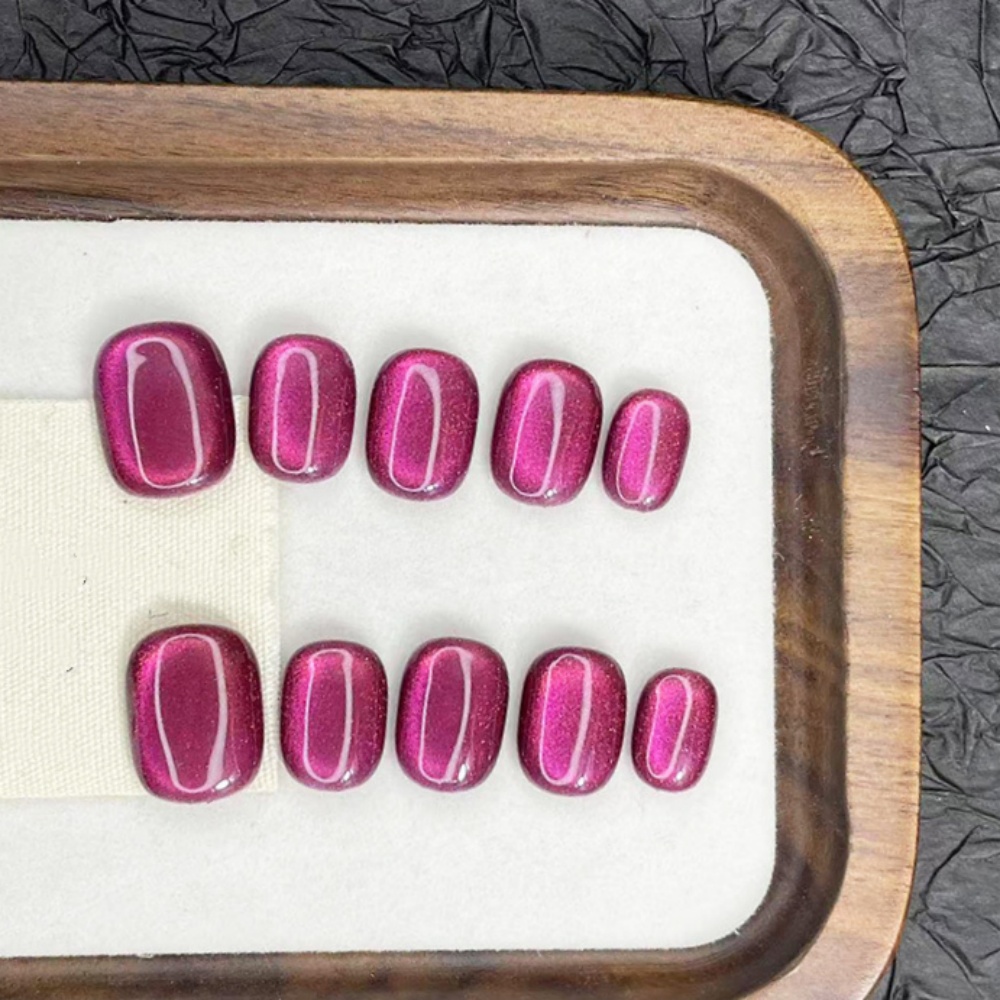 Resin Art Purple - 10pcs สวมใส่ฤดูร้อนทําด้วยมือกดบนเล็บชุดสีม่วง Cat's Eye สั้นรอบเล็บปลอมเคล็ดลับสีทึบเล็บปลอม