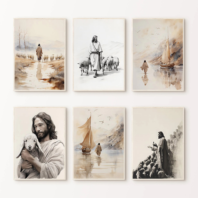 Resin Art Home Decor - พระเยซูเดินบนน้ำ โปสเตอร์ศิลปะคริสเตียน พระผู้ดูแลที่ดี ภาพวาดสีน้ำแบบเพชร ตกแต่งห้องนั่งเล่น ของตกแต่งบ้าน