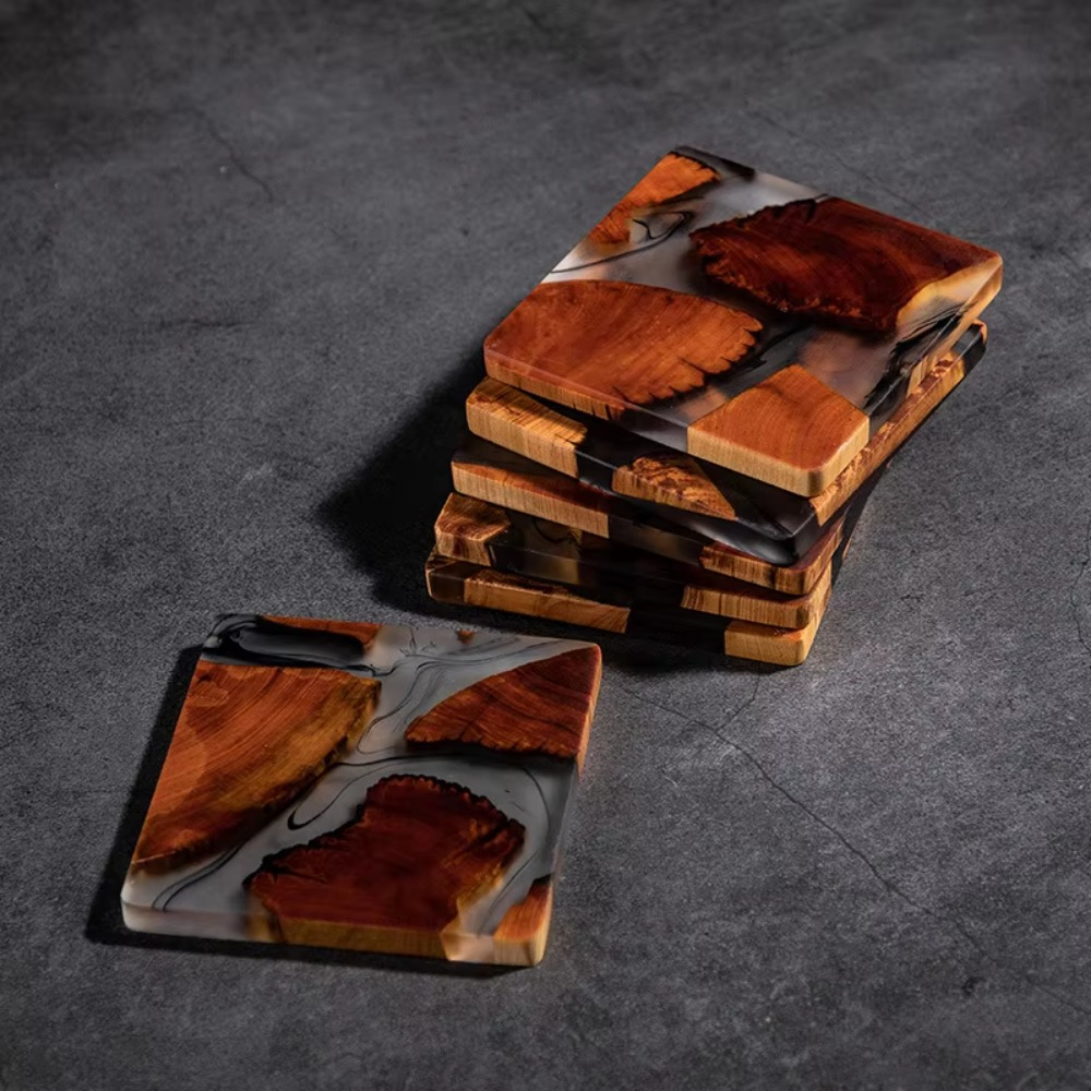 Resin Art Coffee Table - ไม้เรซิ่น Coasters เบาะรองนั่งถ้วยสแควร์สไตล์ญี่ปุ่นตารางลื่นถ้วยทนกาแฟเครื่องดื่มสแควร์ชา Pad Dining