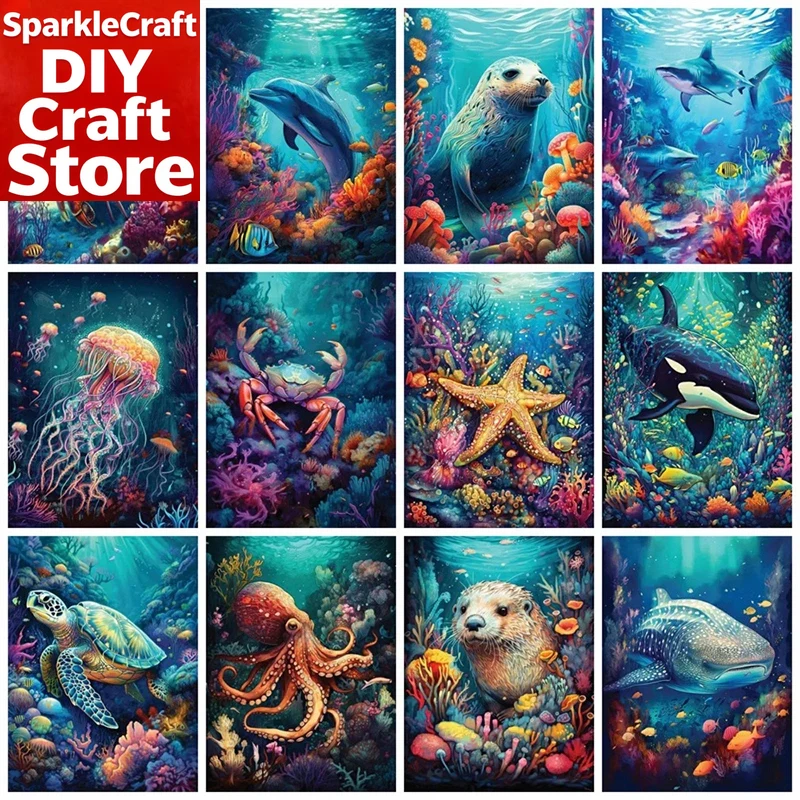 Resin Art Wall Decor - ชุดภาพวาดเพชรแบบไร้กรอบ 1 ชิ้น รูปทรงสี่เหลี่ยมจัตุรัสและวงกลม ลายโลมาและเต่าทะเล สำหรับตกแต่งบ้าน