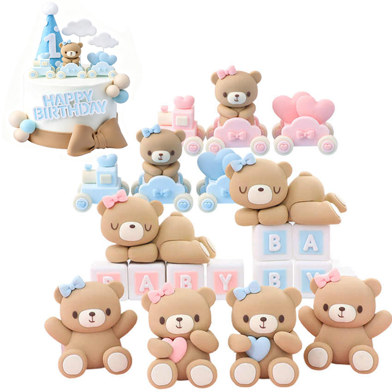 Resin Art Baby - ตุ๊กตาหมีสีชมพูฟ้า 3 มิติ สำหรับตกแต่งเค้กวันเกิด เด็กชาย เด็กหญิง
