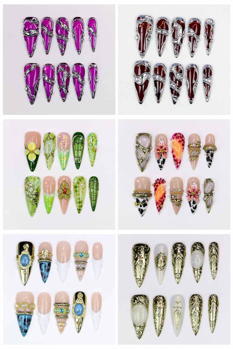 Resin Art Purple - เล็บปลอมทรงสติเลตโต้ยาว 10 ชิ้น เคลือบเงา ลายดอกไม้สีม่วงเพ้นท์มือ สำหรับงานแต่งงานและงานอีเวนต์