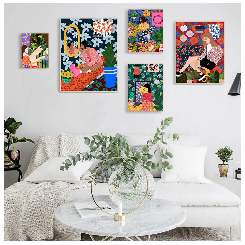 Resin Art Wall Decor - ภาพพิมพ์ติดผนังลายคลาสสิก ปี 2026 ลายสาวแฟชั่นย้อนยุค ต้นไม้ และสุนัข