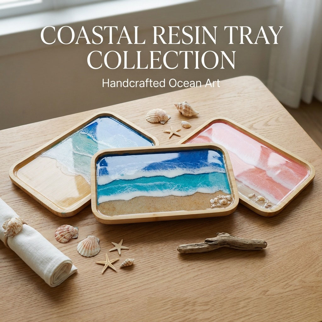 Resin Art Coffee Table - ถาดตกแต่งงานศิลปะเรซิ่นอีพ็อกซี่ลายมหาสมุทร สำหรับโต๊ะกาแฟ โต๊ะอาหาร เคาน์เตอร์ ถาดไม้เสิร์ฟอาหาร ตกแต่งห้องครัว