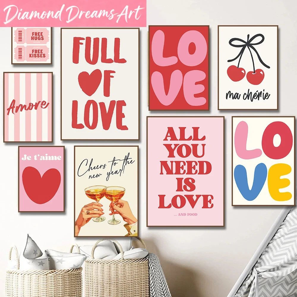 Resin Art Quote - ภาพพิมพ์ติดผนังแบบไร้กรอบ สไตล์มินิมอล คำคมความรักหลากสีสัน โปสเตอร์ภาพวาดเพชร ลายพิมพ์สีชมพู ตกแต่งห้องนั่งเล่น