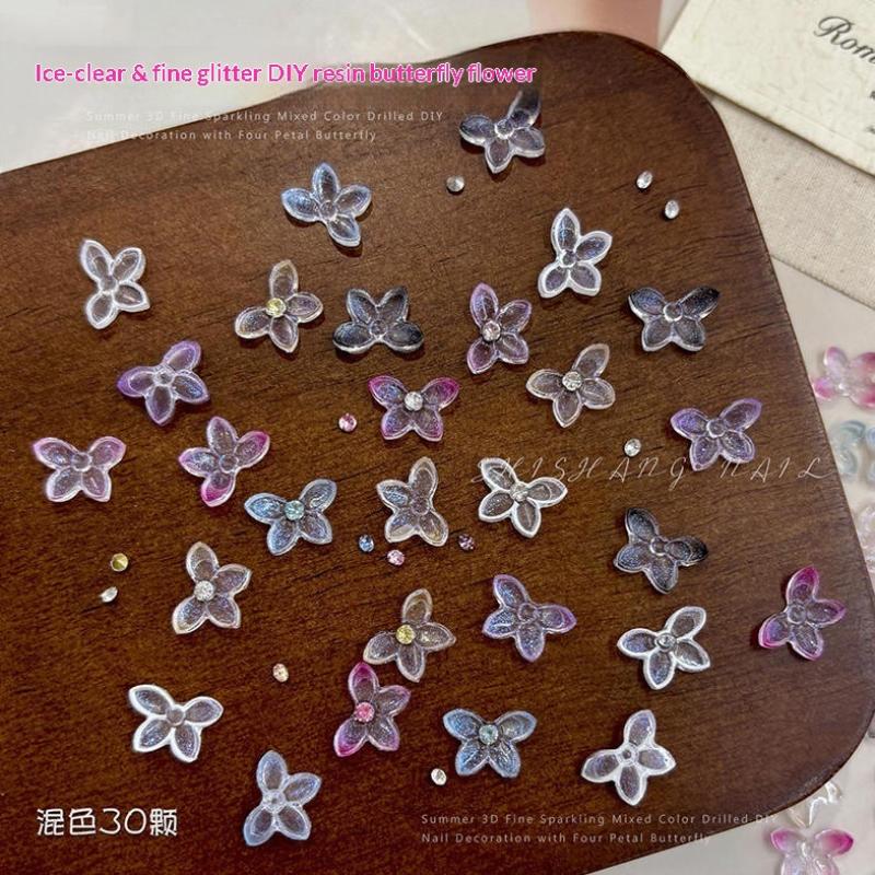 Resin Art Using Flowers - ของตกแต่งเล็บเรซินกลิตเตอร์ 3D จำนวน 30 ชิ้น พร้อมคริสตัลแวววาวรูปผีเสื้อและดอกไม้
