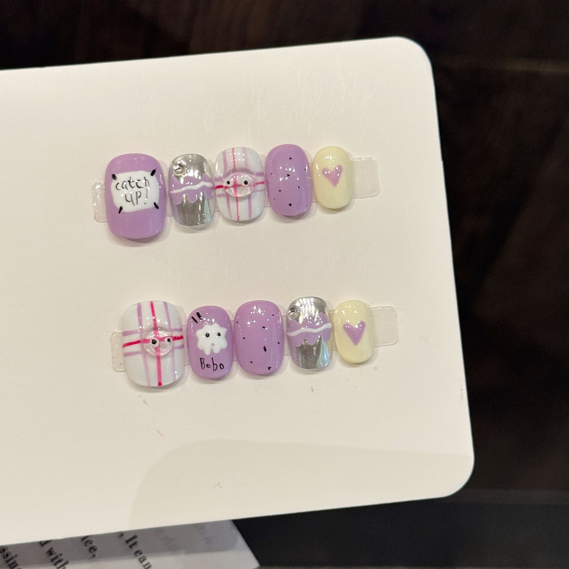 Resin Art Purple - เล็บปลอมแบบกดติด 10 ชิ้น ทำมือ ลายสั้น กลม