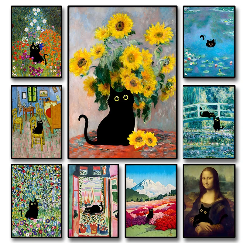 Resin Art Wall Decor - แมวดำตลก จิตรกรชื่อดังระดับโลก โมเนต์ แวนโก๊ะ งานศิลปะ โปสเตอร์